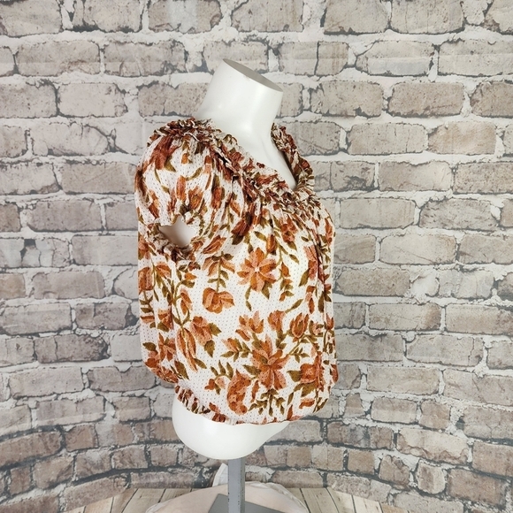 Free People Suki  Blouse Ivory Floral Size Small Billowy Boho Cream Terracotta - Picture 10 of 16